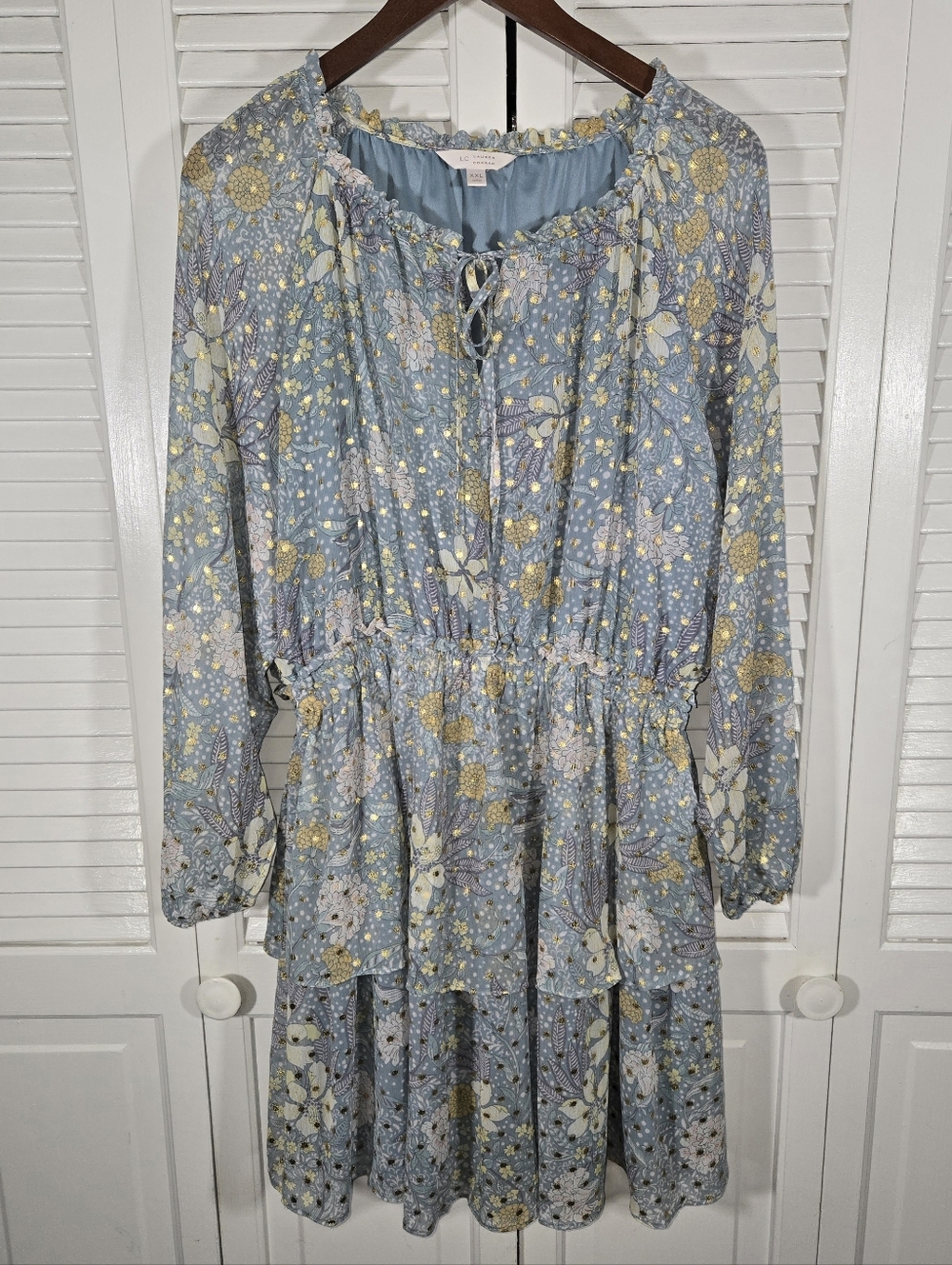 Lauren Conrad Floral Chiffon Ruffle Long Sleeve Boho Metallic Tier Dress XXL